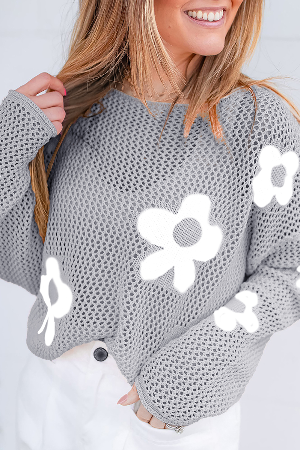 Light Pink Big Flower Hollowed Knit Drop Shoulder Sweater - loveforevers