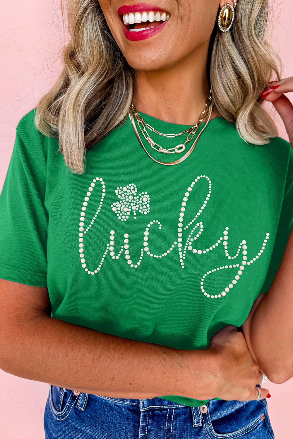 Bright Green Ceramic Rhinestone Lucky Clover Graphic Tee - loveforevers