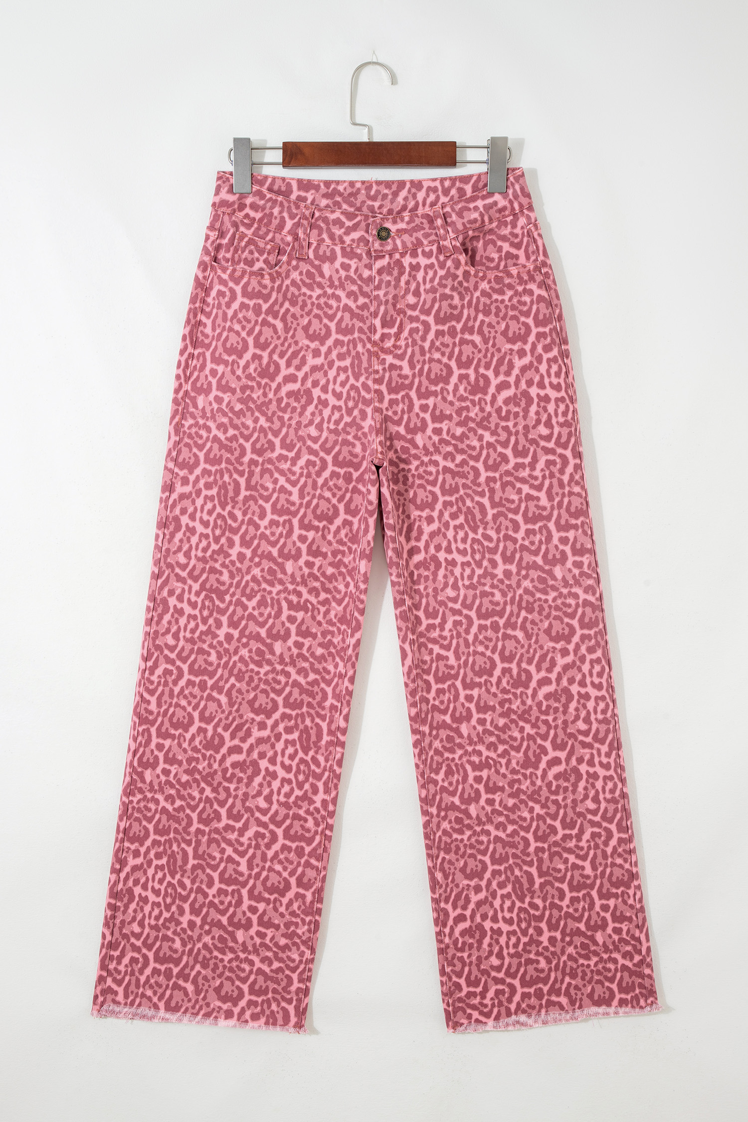 Rose Leopard Frayed Edge Wide Leg High Waist Jeans - loveforevers