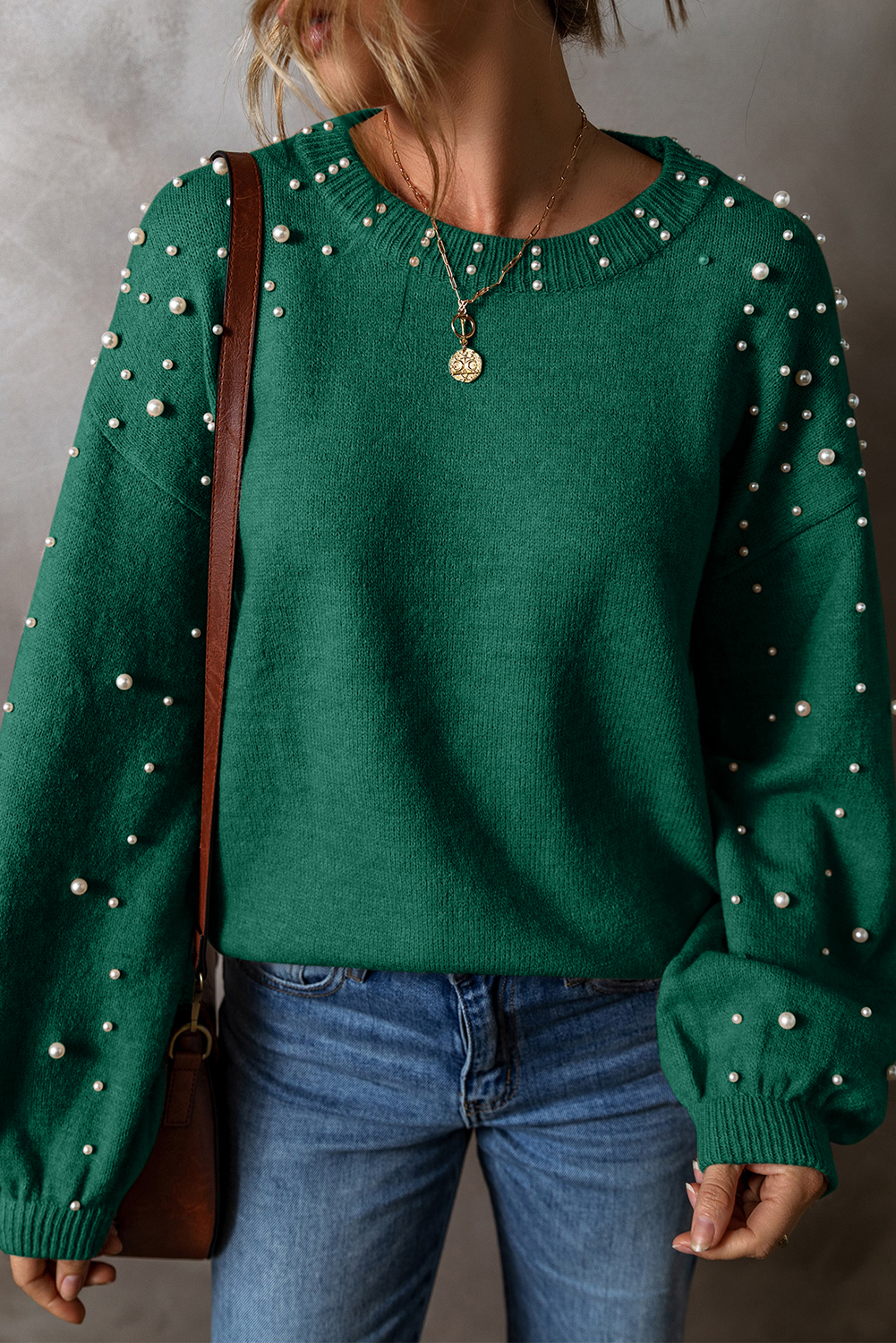Evergreen Pearled Drop Shoulder Round Neck Sweater - loveforevers