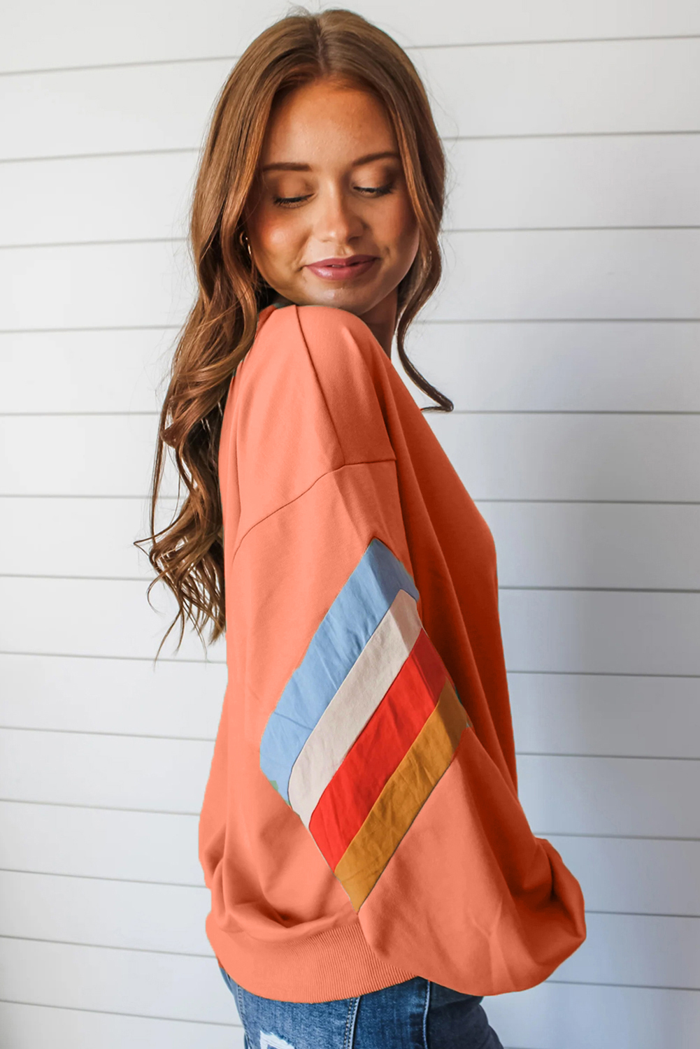 Moonlight Jade Rainbow Striped Sleeve Crew Neck Loose Sweatshirt - loveforevers