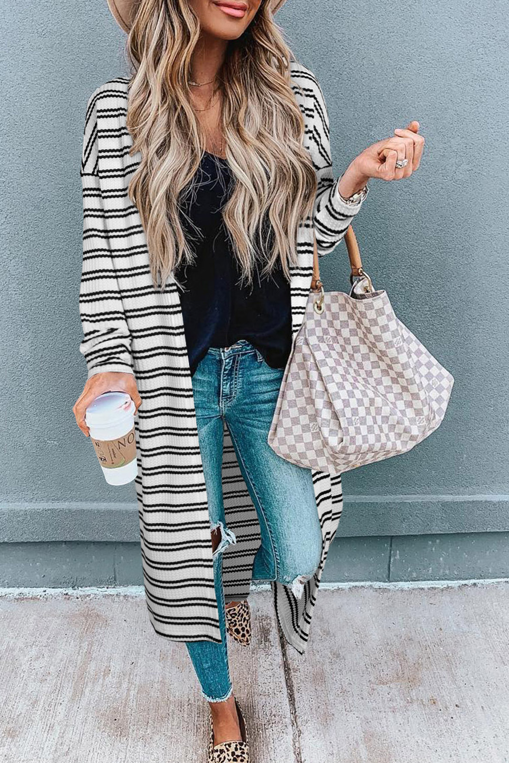 Black Stripe Print Open Front Duster Cardigan - loveforevers
