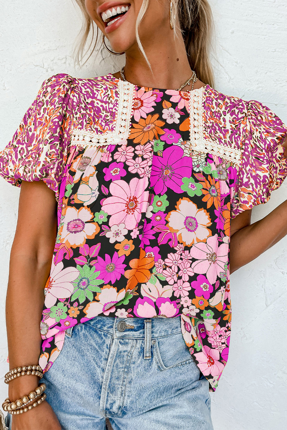 Rose Red Bubble Sleeve Lace Trim Floral Mixed Print Blouse - loveforevers