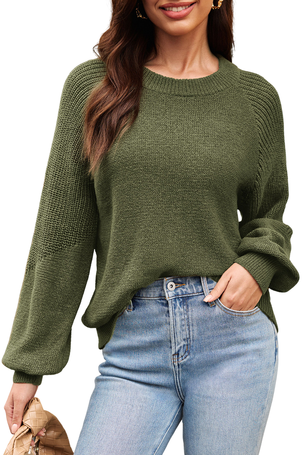 Vineyard Green Chunky Knit Raglan Sleeve Pullover Sweater - loveforevers