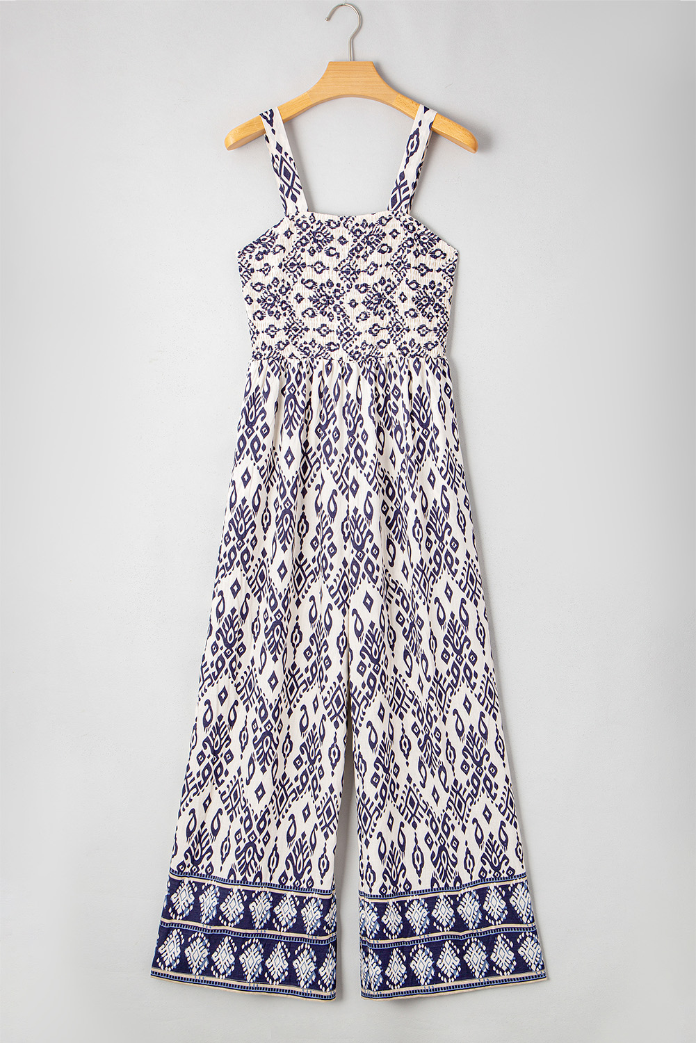 Blue Boho Geometric Print Shirred High Waist Wide Leg Jumpsuit - loveforevers