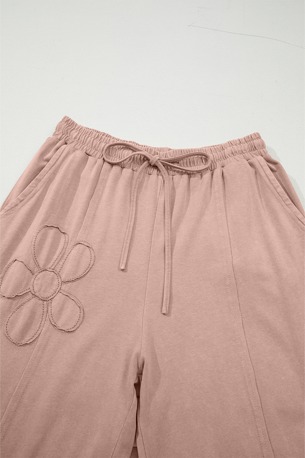 Light Grey Flower Patch Mineral Washed Terry Knit Cropped Wide Leg Pants - loveforevers