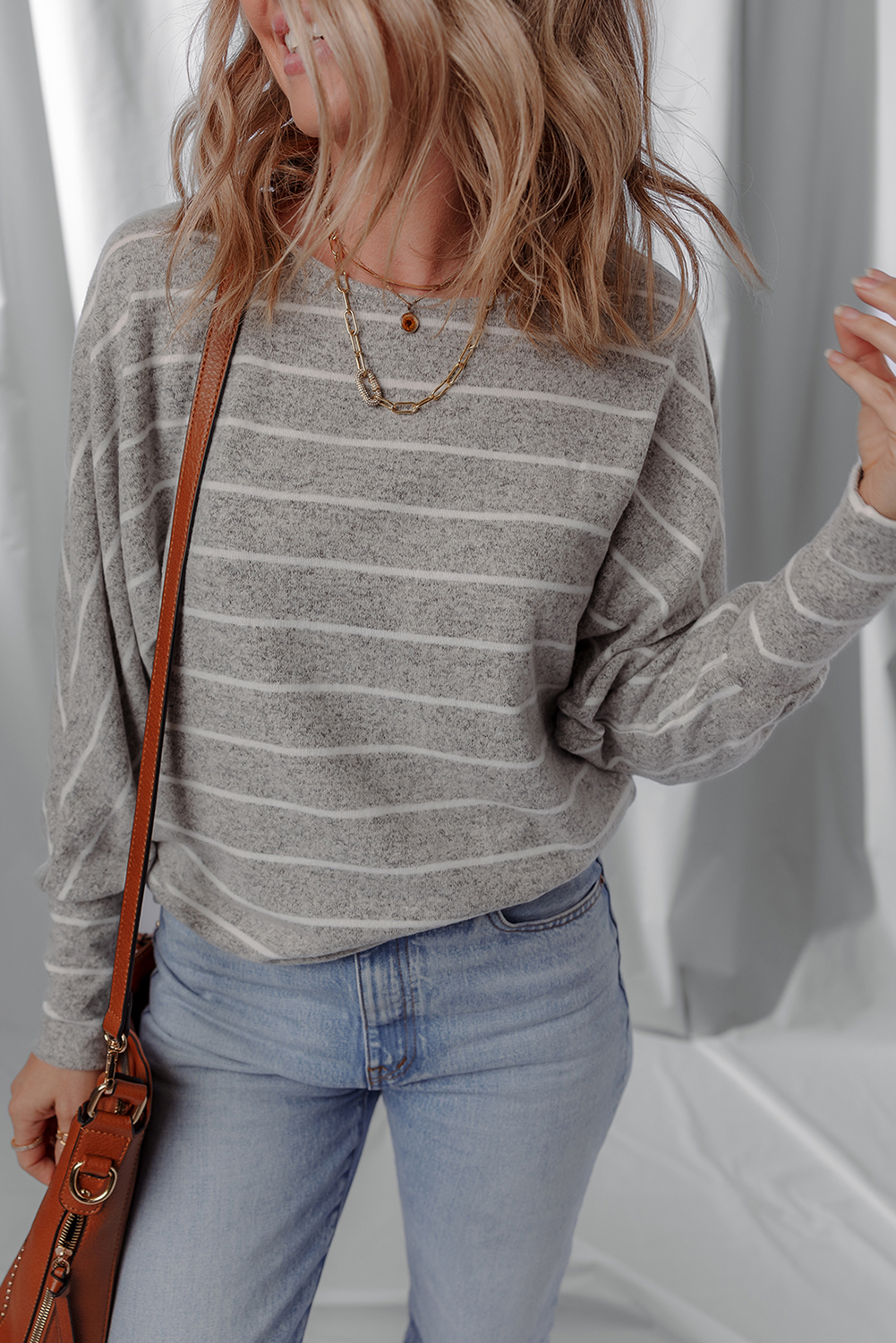 Gray Stripe Dolman Sleeve Drop Shoulder Top - loveforevers