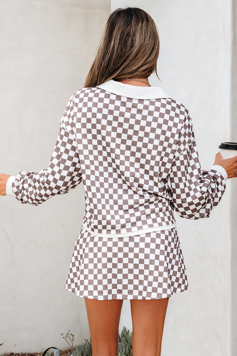 Khaki Checkered Print Polo Collar Cropped Long Sleeve Top Drawstring Mini Skirt Set - loveforevers