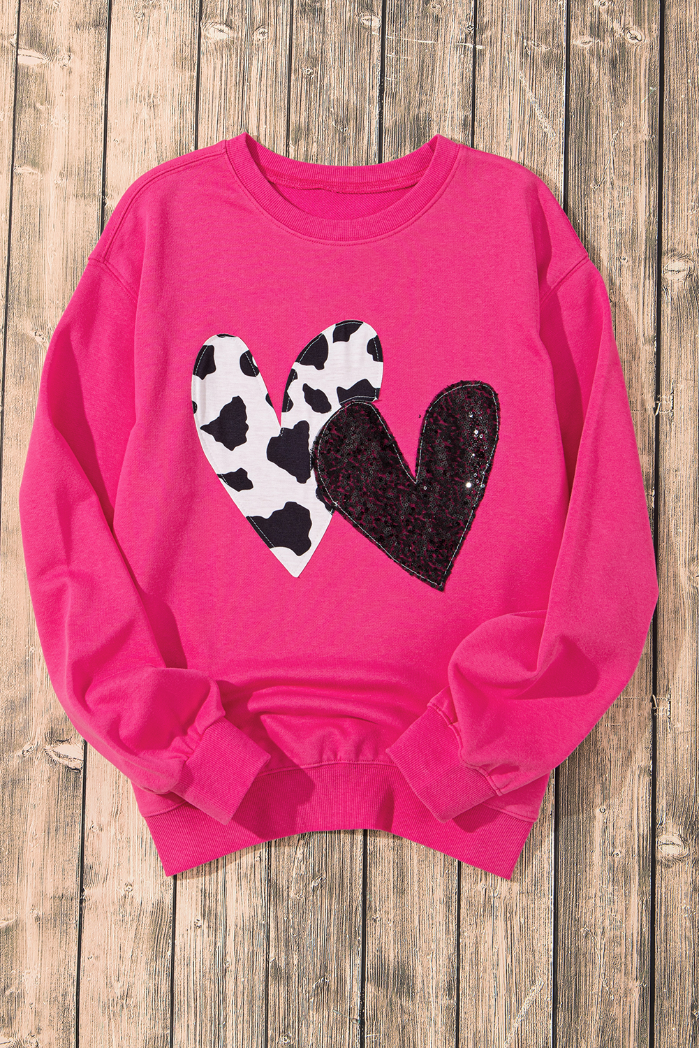 Strawberry Pink Cow & Sequin Double Heart Patch Graphic Sweatshirt - loveforevers