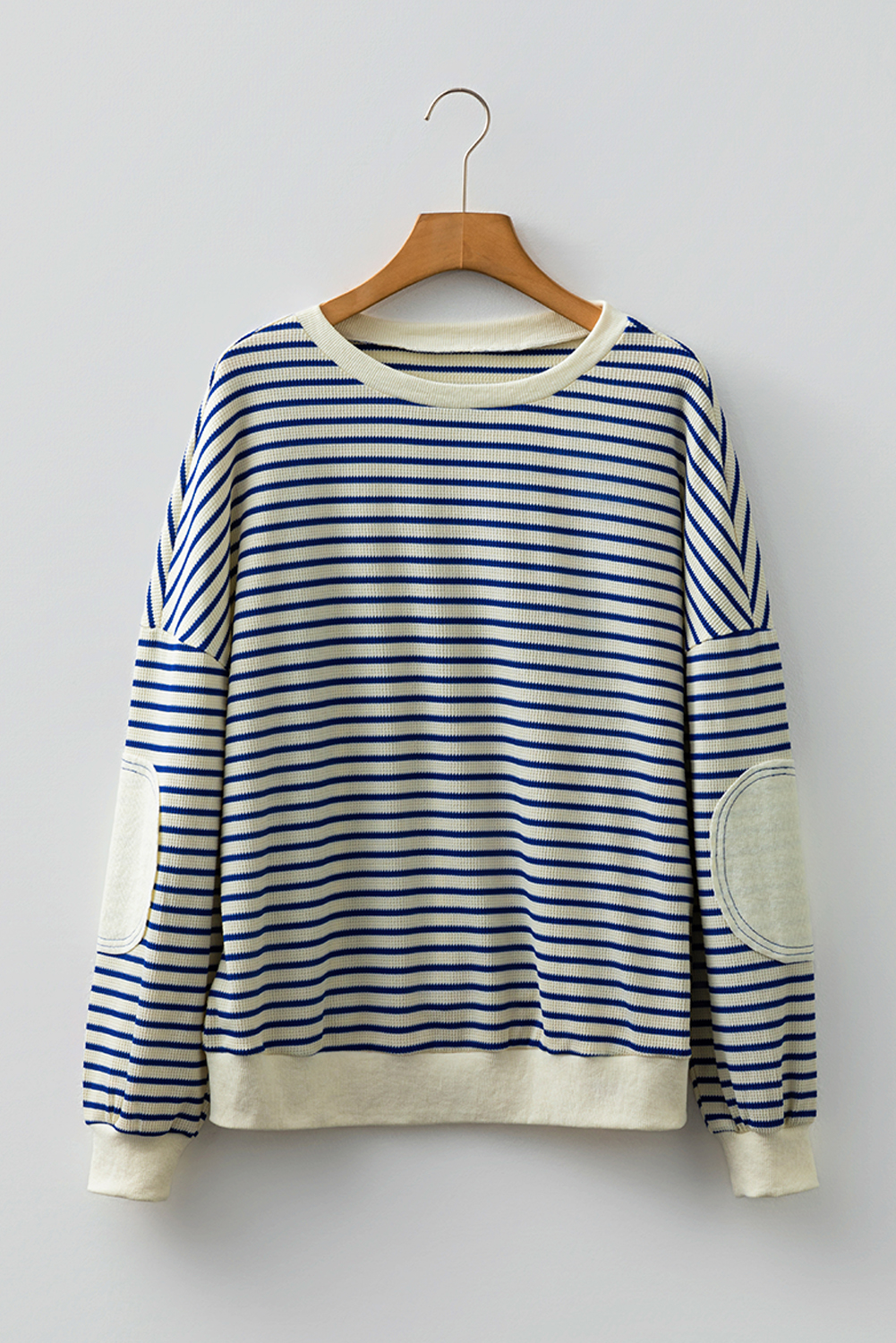 Blue Stripe Textured Elbow Patched Crew Neck Drop Shoulder Sweatshirt - loveforevers