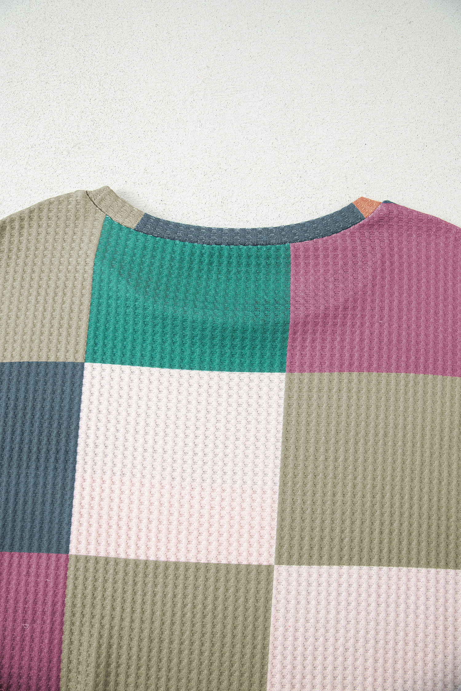Green Checkered Print Textured Knit Long Sleeve Loose Top - loveforevers