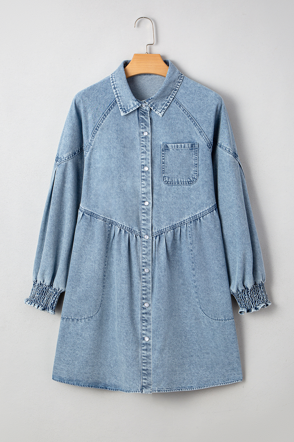 Beau Blue Smocked Cuffs Flared Denim Shirt Mini Dress - loveforevers