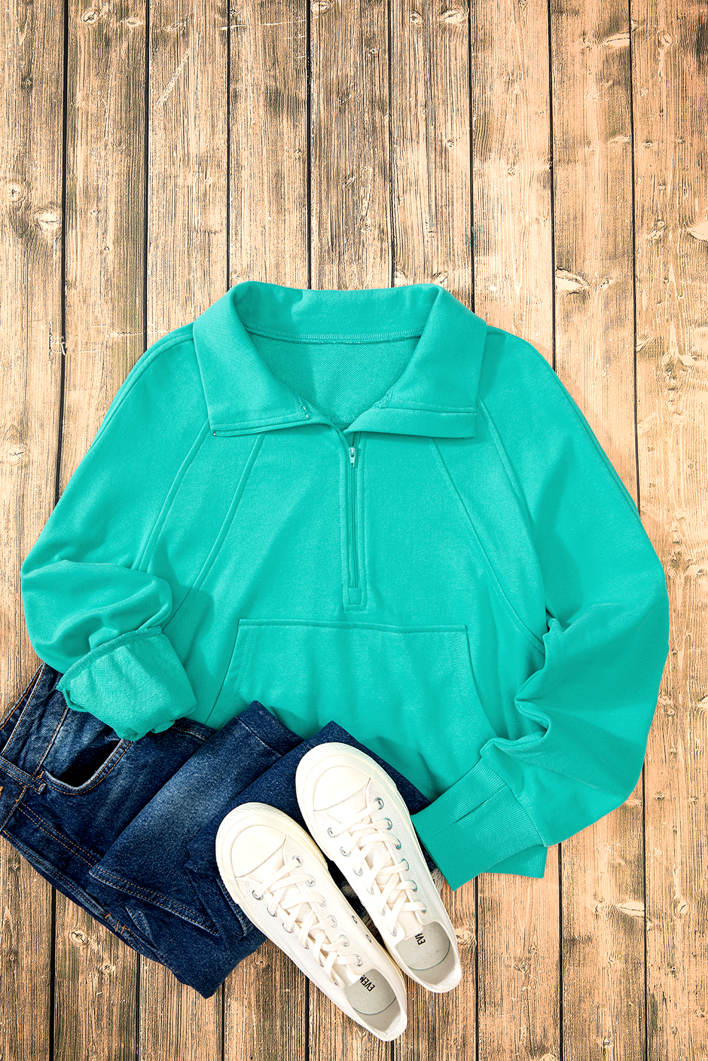 Aruba Blue Quarter Zip Stand Neck Kangaroo Pocket Sweatshirt - loveforevers