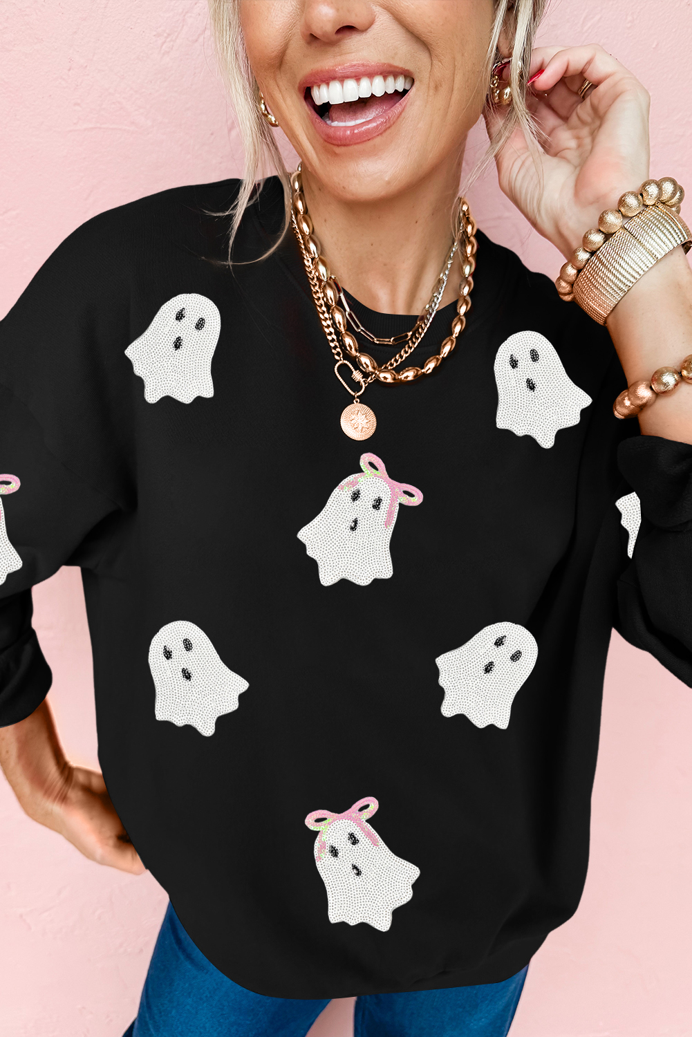 Wisteria Glitter Trim Chenille Ghost Patched Halloween Graphic Tee - loveforevers