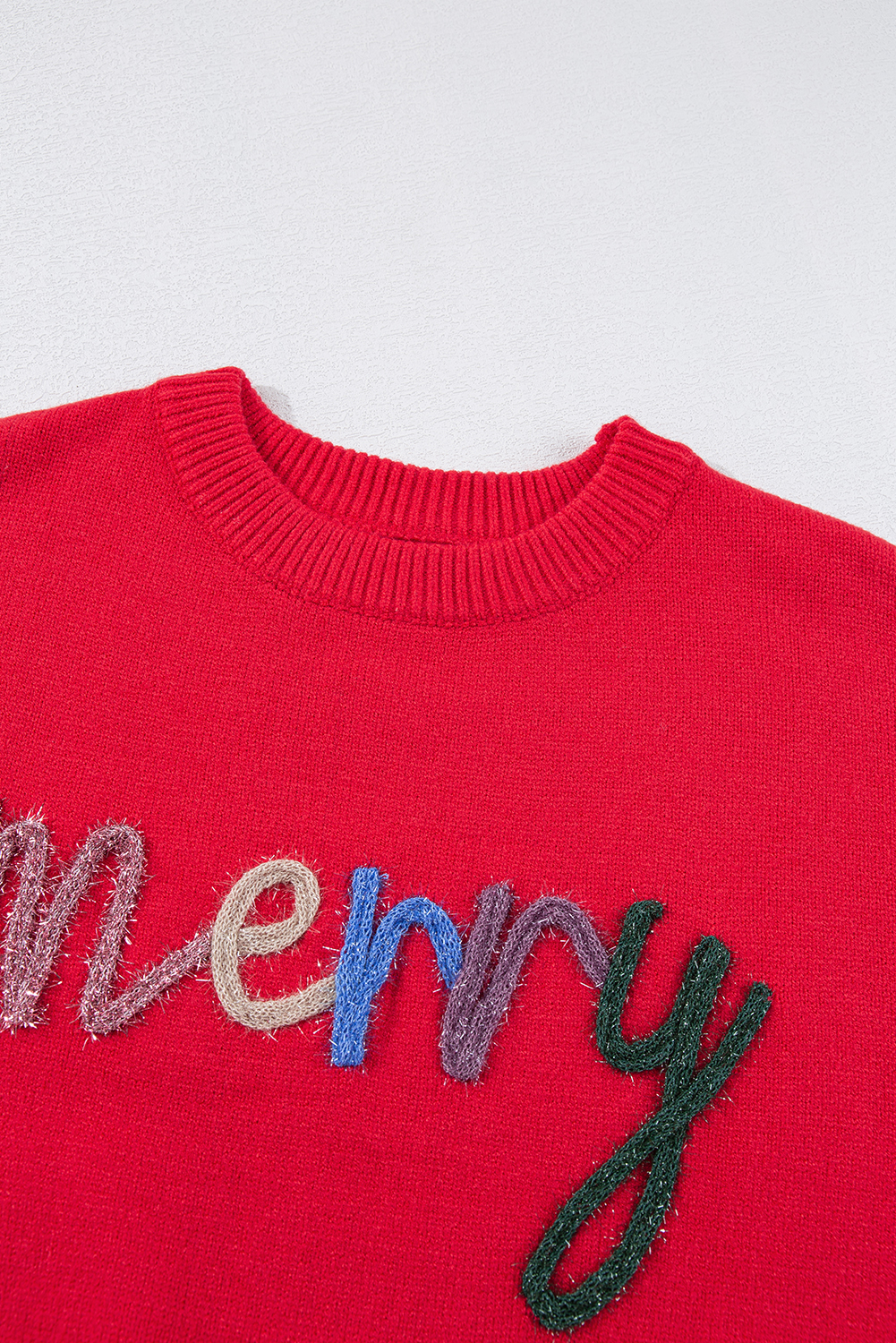 Fiery Red Tinsel Merry Letter Drop Shoulder Baggy Sweater - loveforevers