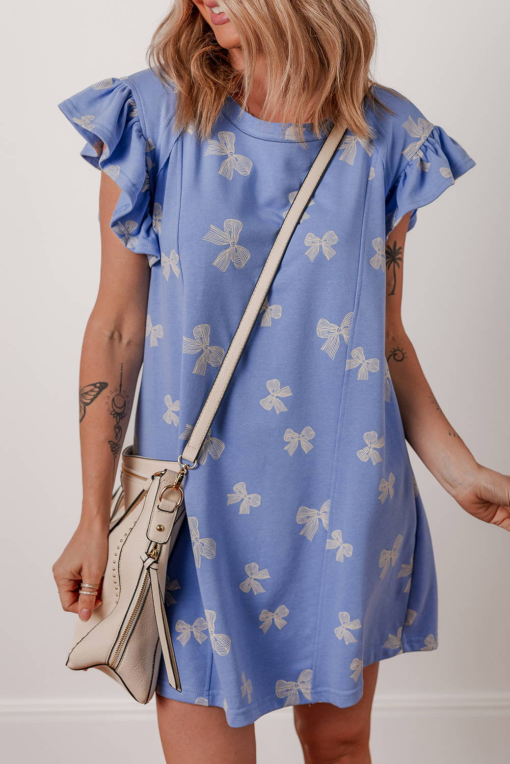 Sky Blue Bow Knot Print Crewneck Ruffled Sleeve Shift Mini Dress - loveforevers