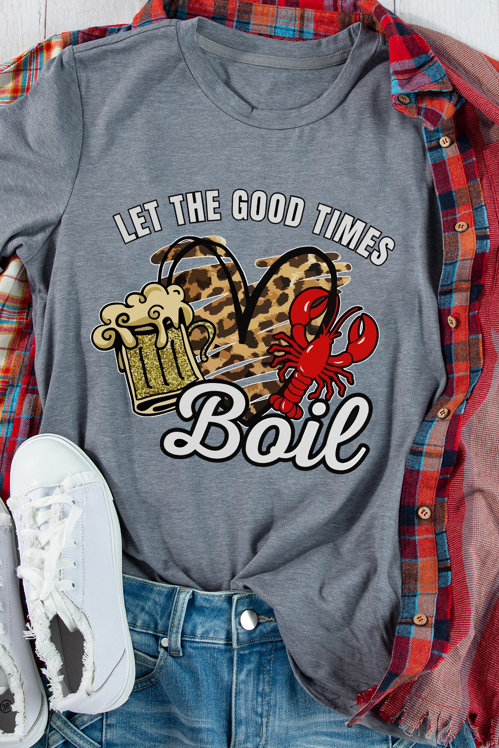 Gray Let The Good Times Boil Crawfish Leopard Heart Graphic Tee - loveforevers