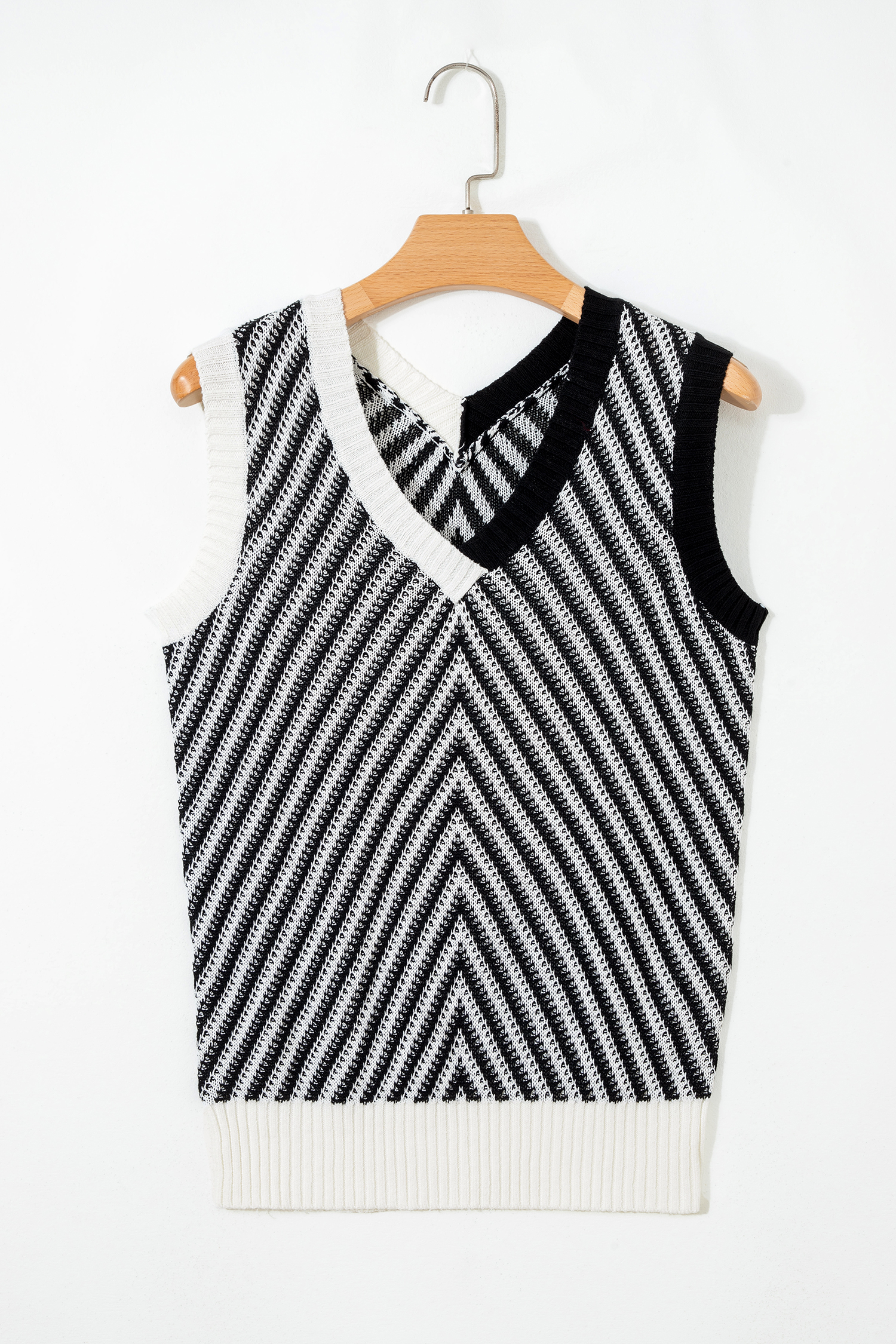 Black Contrast Chevron Knit V Neck Sweater Vest - loveforevers