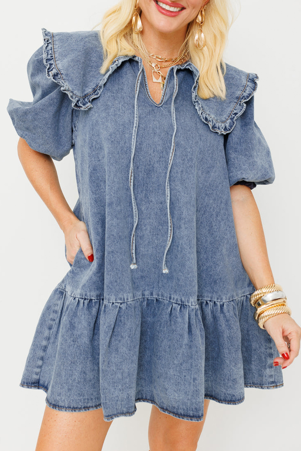 Dusk Blue Ruffled Collared Side Pockets Puff Sleeve Denim Mini Dress - loveforevers