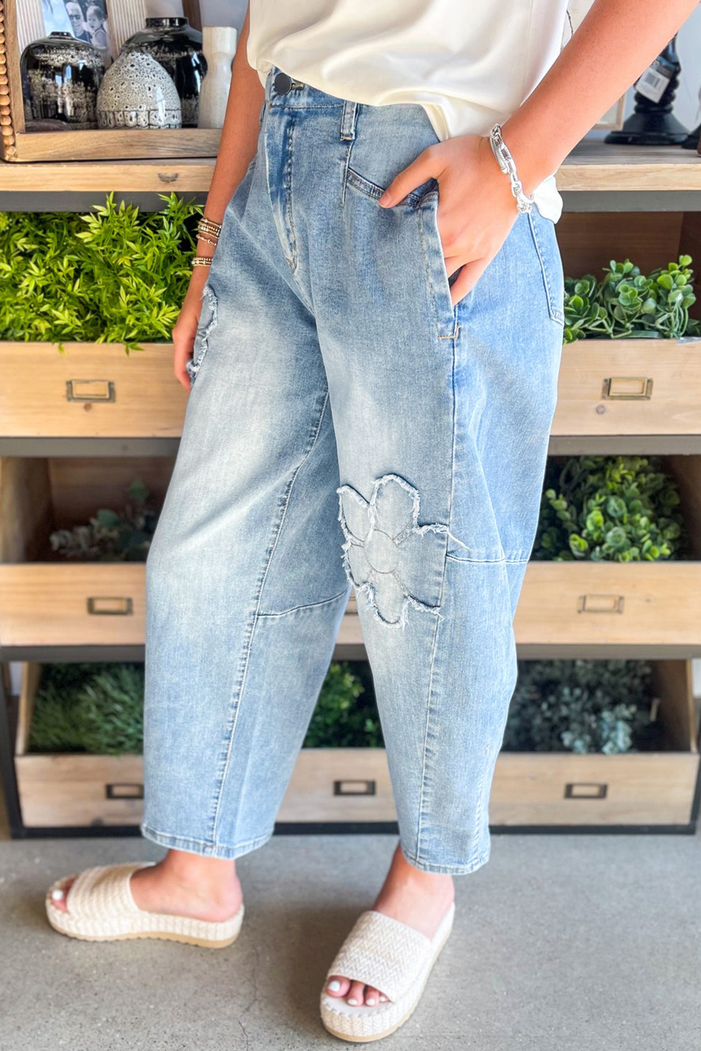 Beau Blue Flower Patched Light Wash Cropped High Waist Jeans - loveforevers