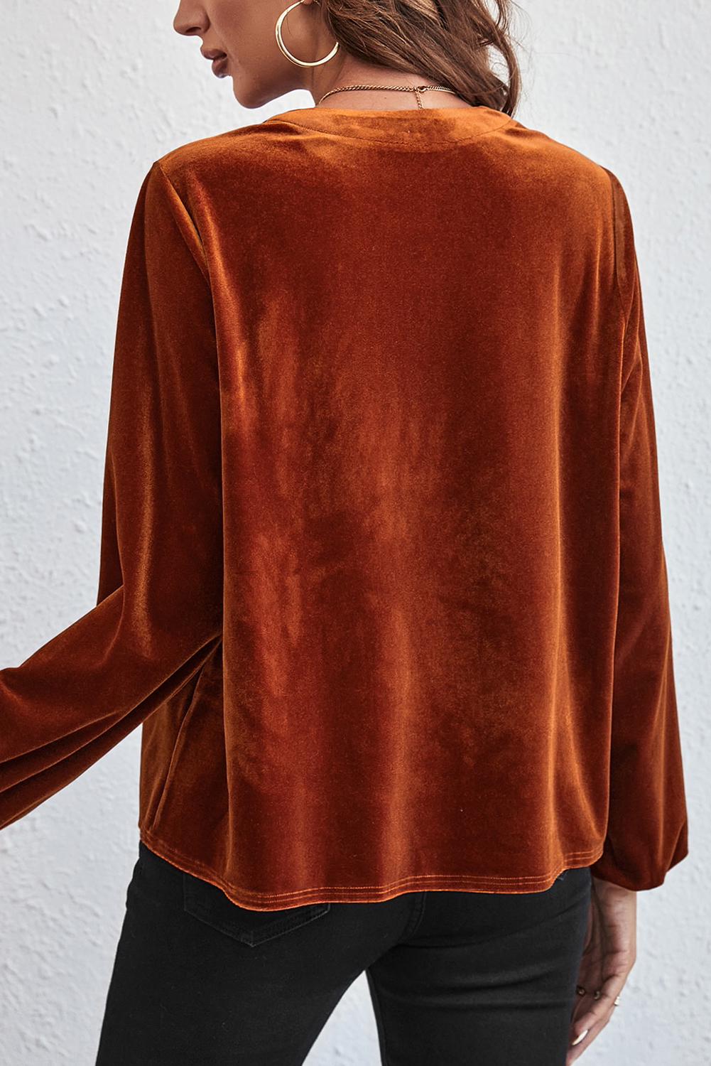 Gold Flame Lantern Sleeve Beaded Split V Neck Velvet Top - loveforevers