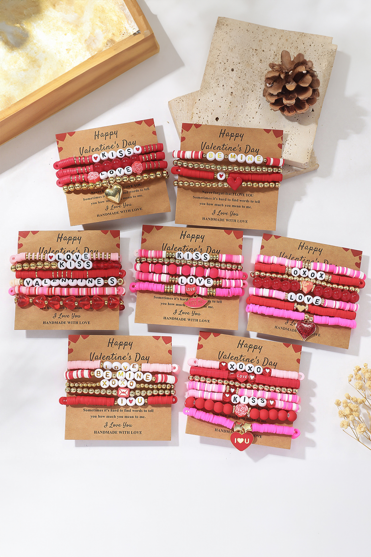 Fiery Red KISS LOVE Valentines Day Golden Beading Bracelets 4pcs Set - loveforevers