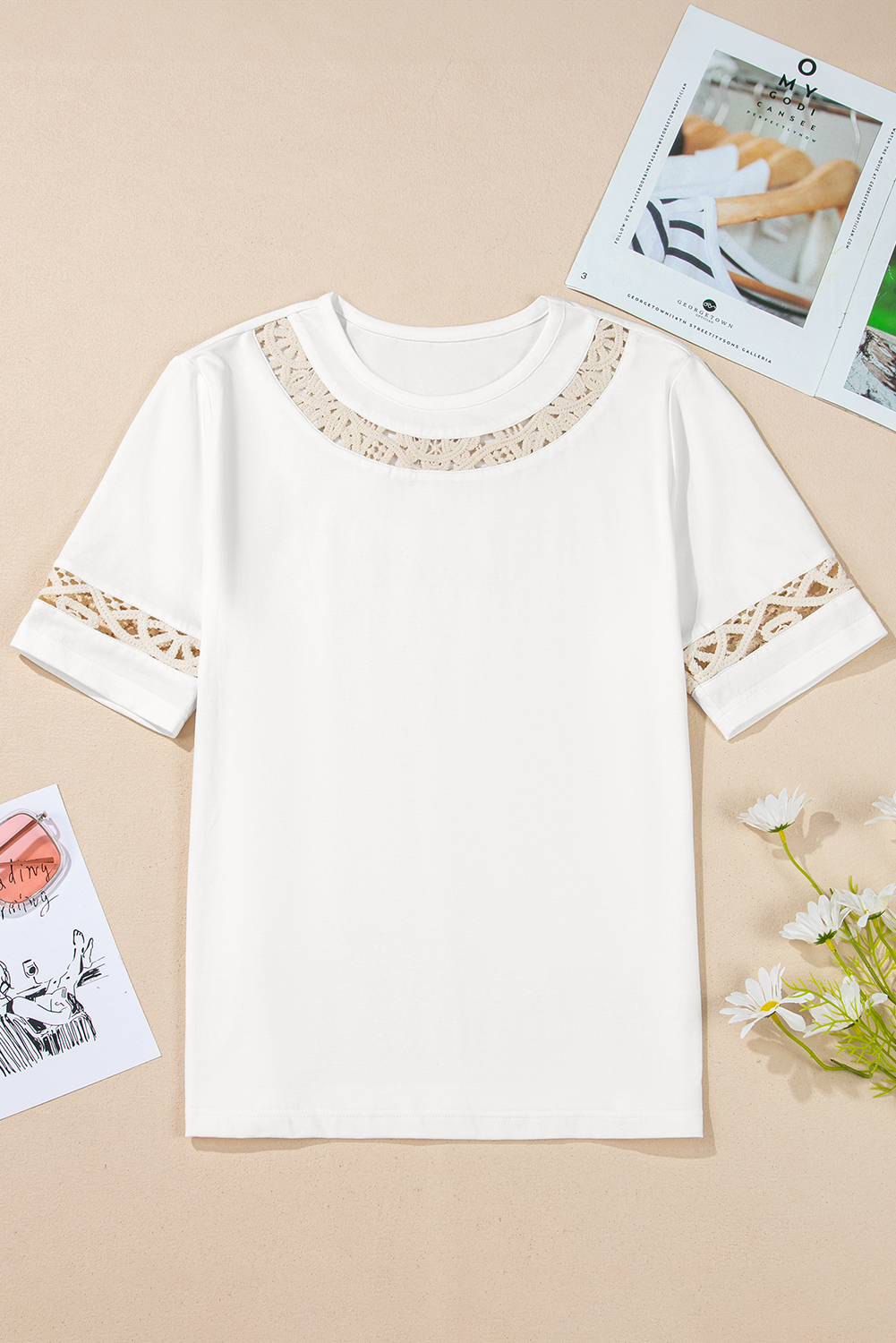 White Lace Crochet Crew Neck Casual T Shirt - loveforevers