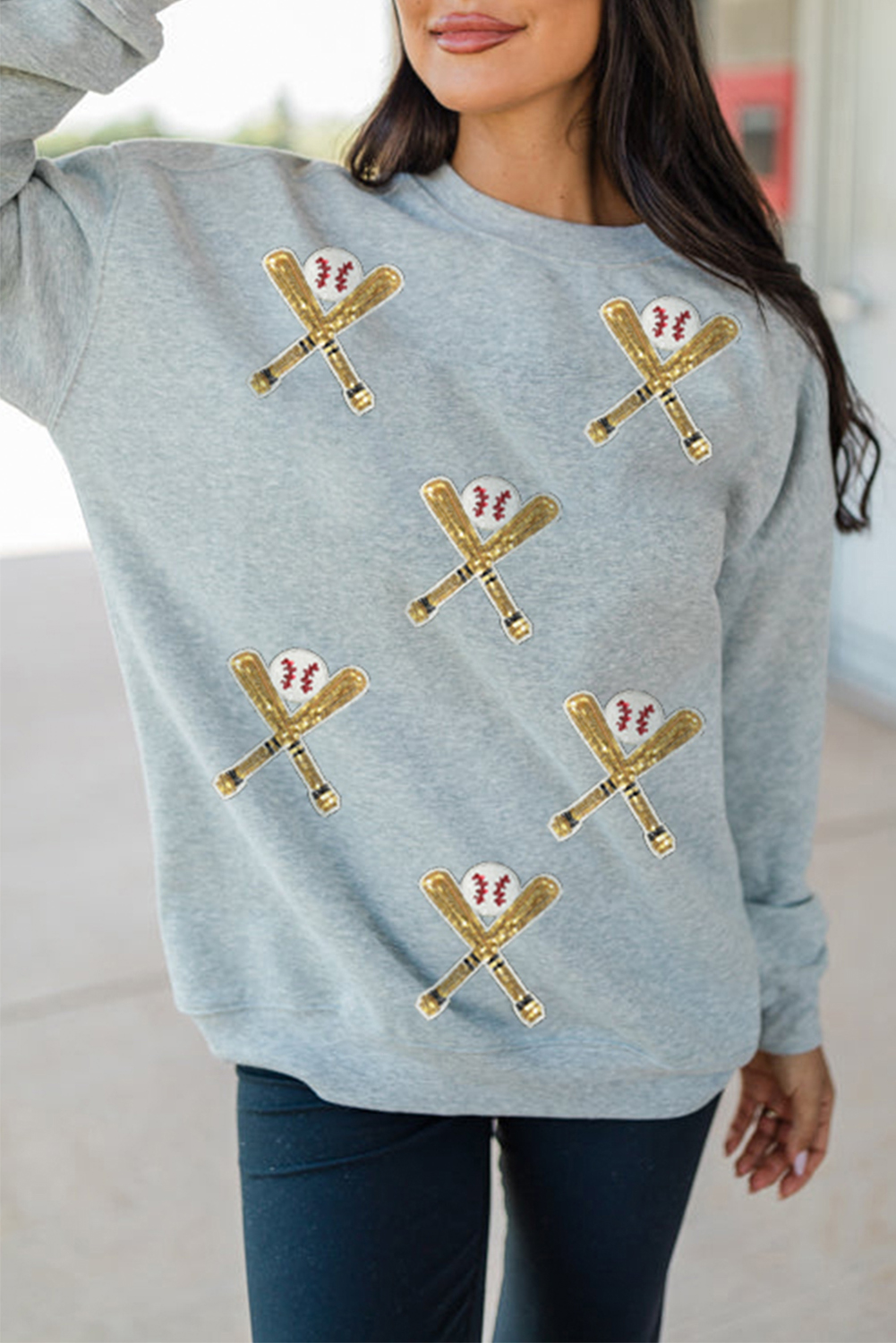Gray Sequin Baseball Game Day Graphic Casual Sweatshirt - loveforevers
