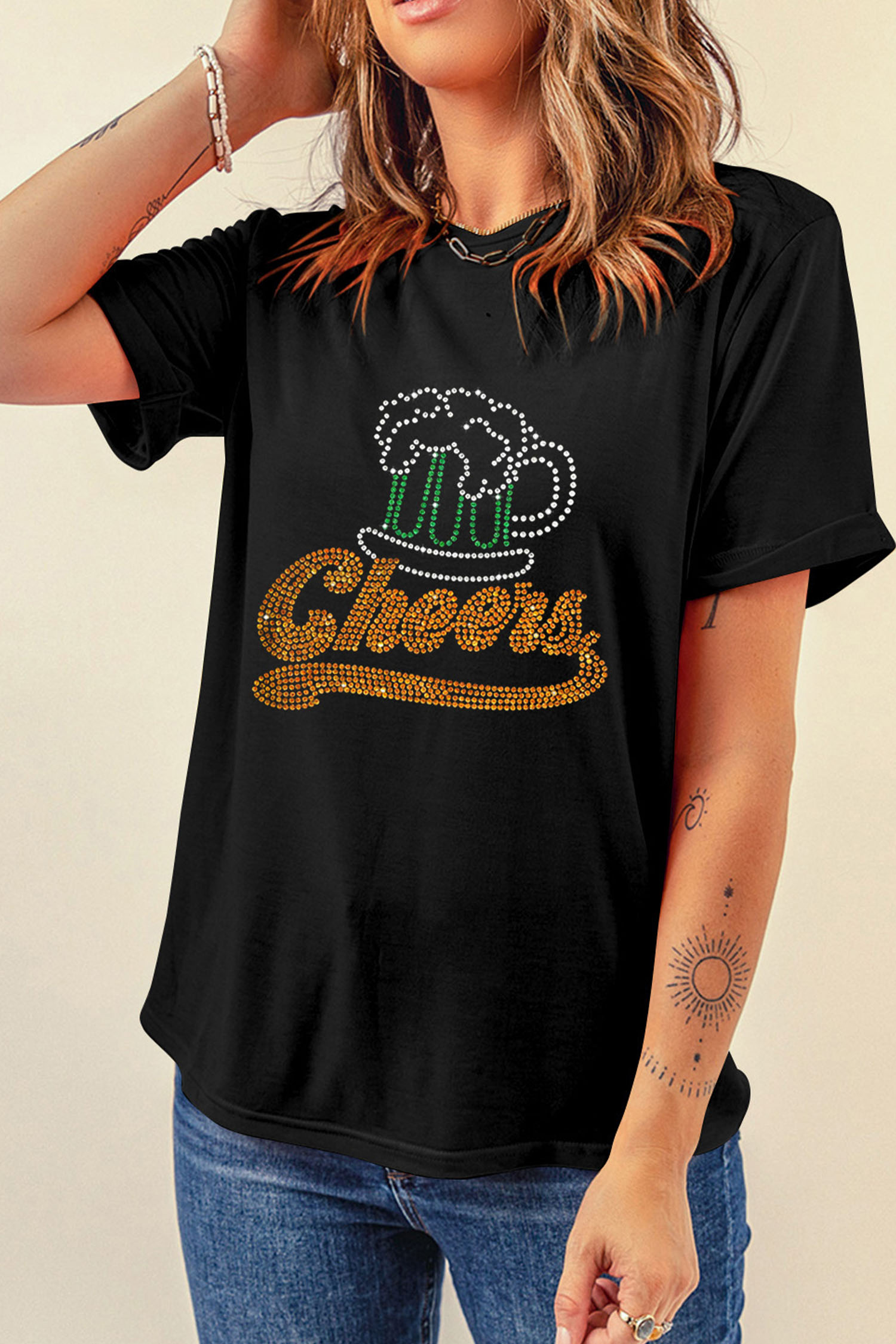 Black Cheers Rhinestone Graphic T Shirt - loveforevers