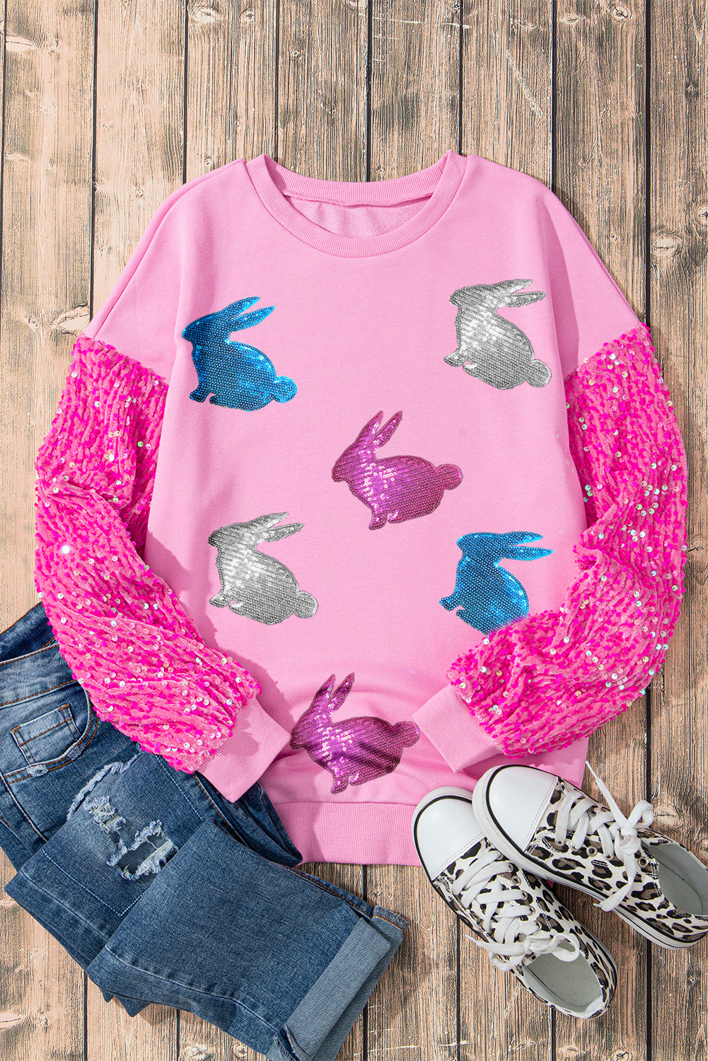 Pink Easter Bunny Patched Graphic Sequin Long Sleeve Top - loveforevers