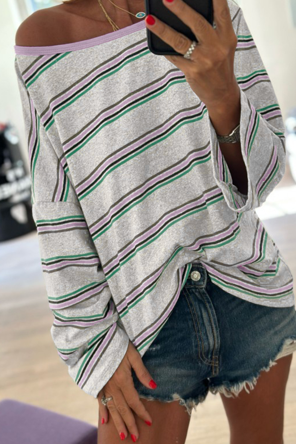Purple Stripe Oversize Drop Shoulder Long Sleeve Casual Top - loveforevers