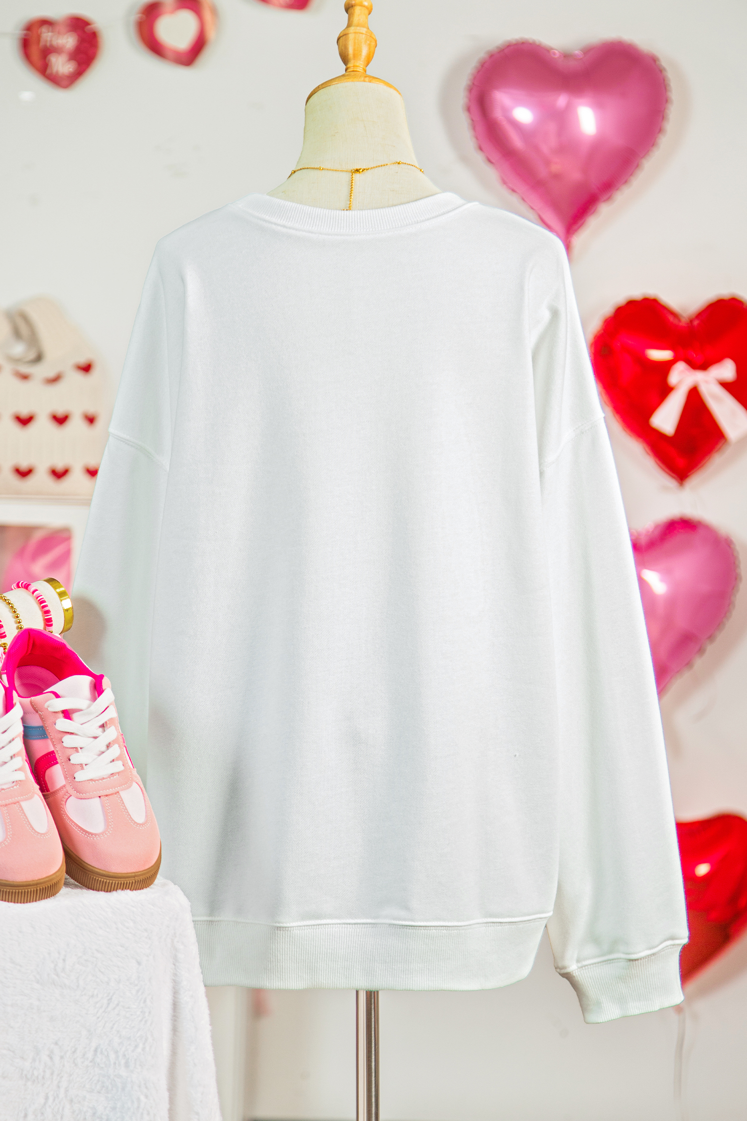 White Love Rose Shimmer Foil Printed Drop Shoulder Sweatshirt - loveforevers