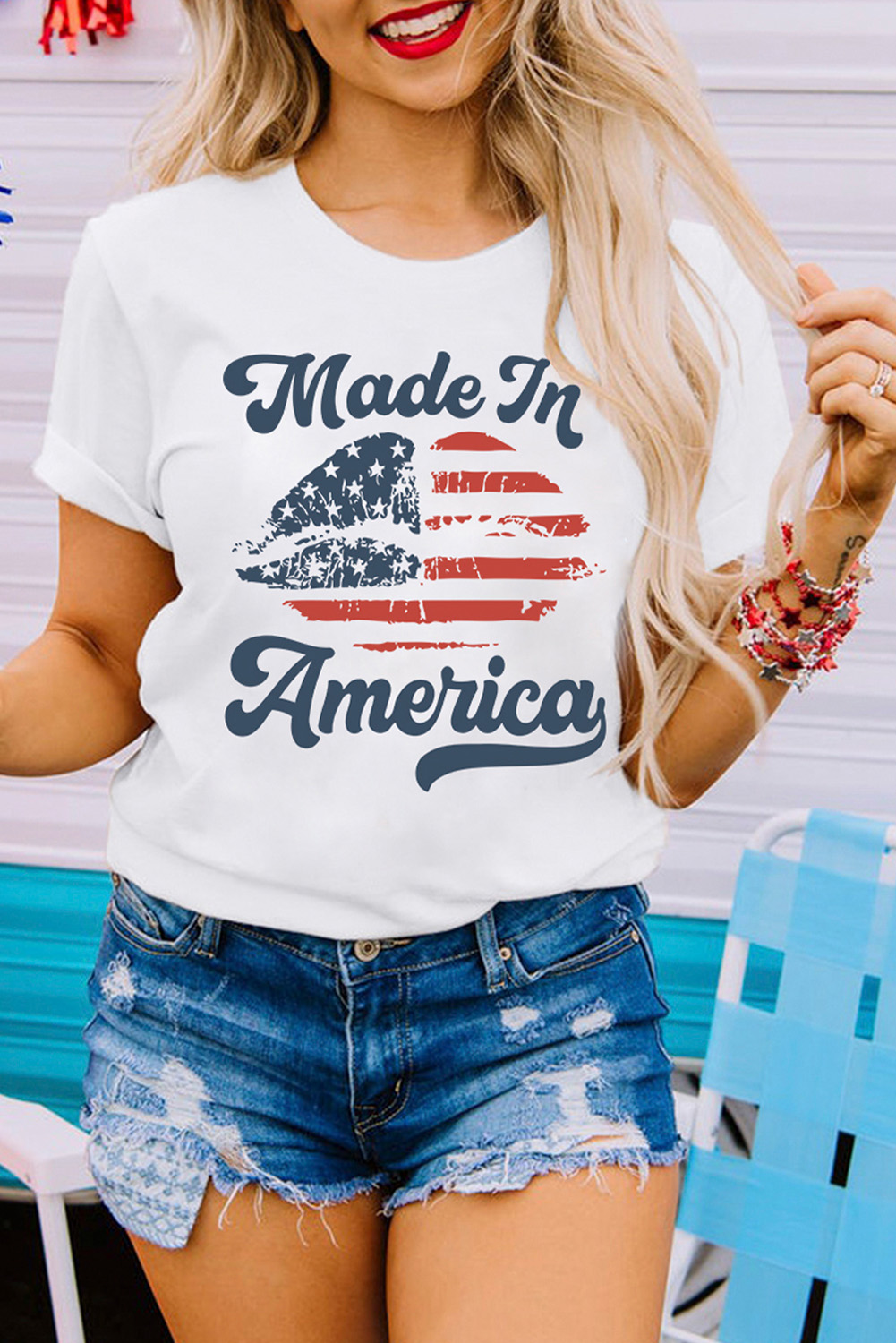 White Made in America Lip Printed O Neck T Shirt - loveforevers