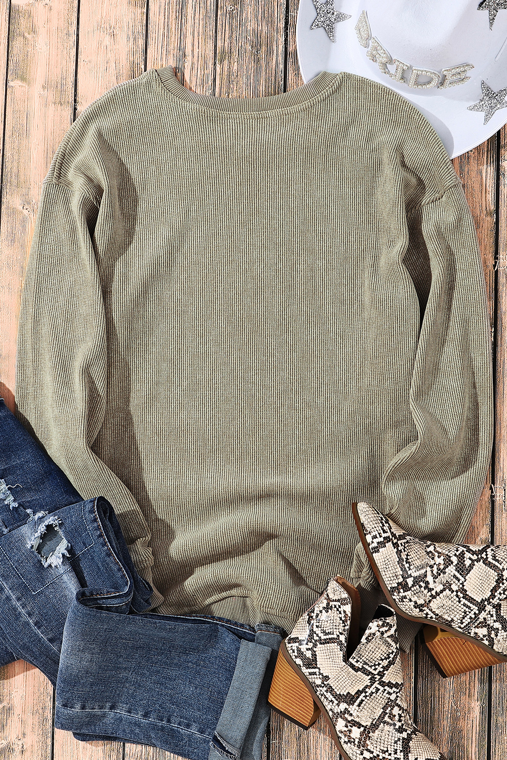 Pink Solid Ribbed Knit Round Neck Pullover Sweatshirt - loveforevers