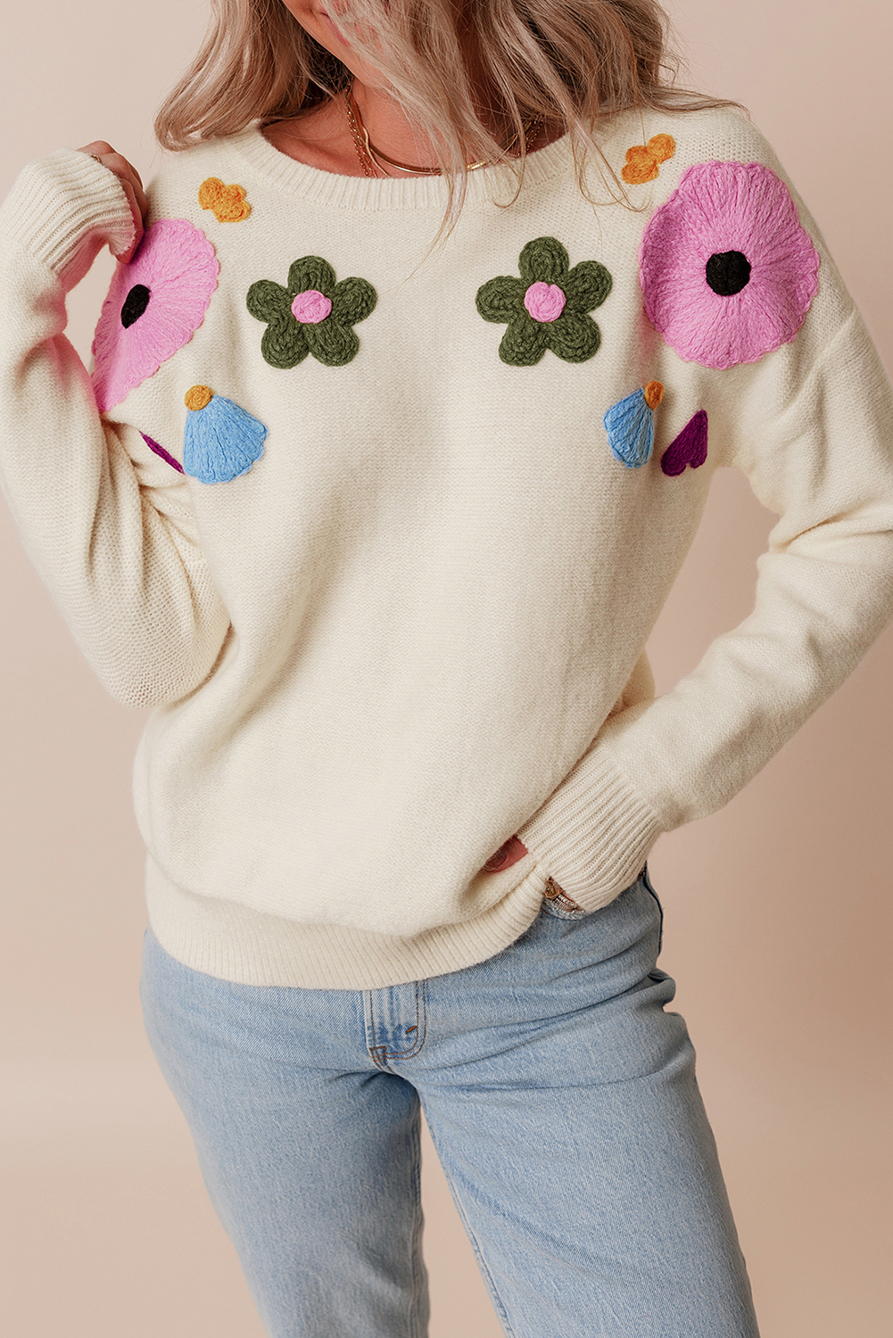 Pink Knitted Flower Pattern Ribbed Edge Sweater - loveforevers