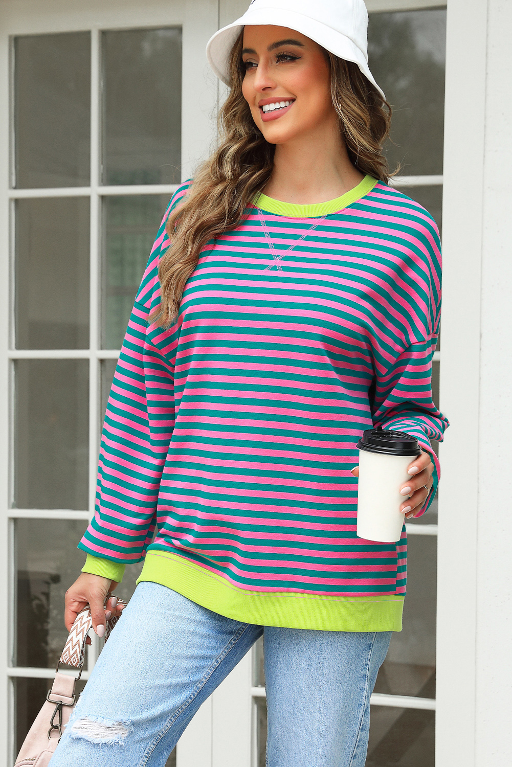 Red Stripe Contrast Ribbed Trim Crossed Stitch Drop Shoulder Sweatshirt - loveforevers