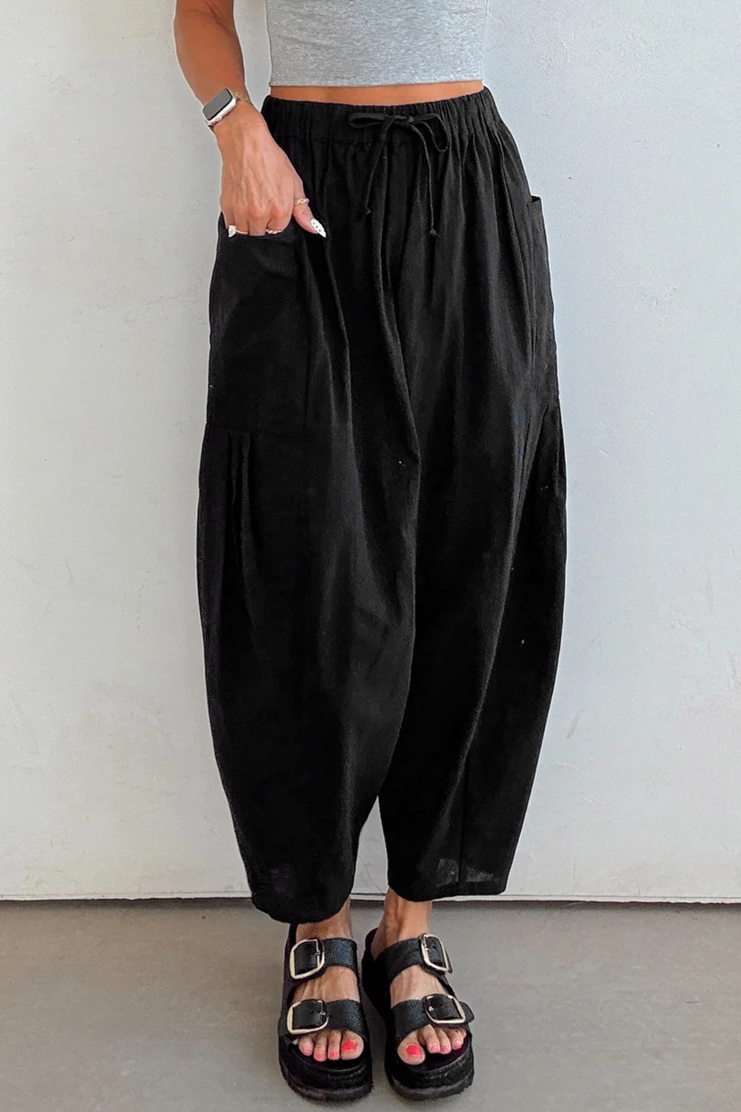 Black Drawstring Elastic Waist Patch Pocket Barrel Leg Casual Pants - loveforevers