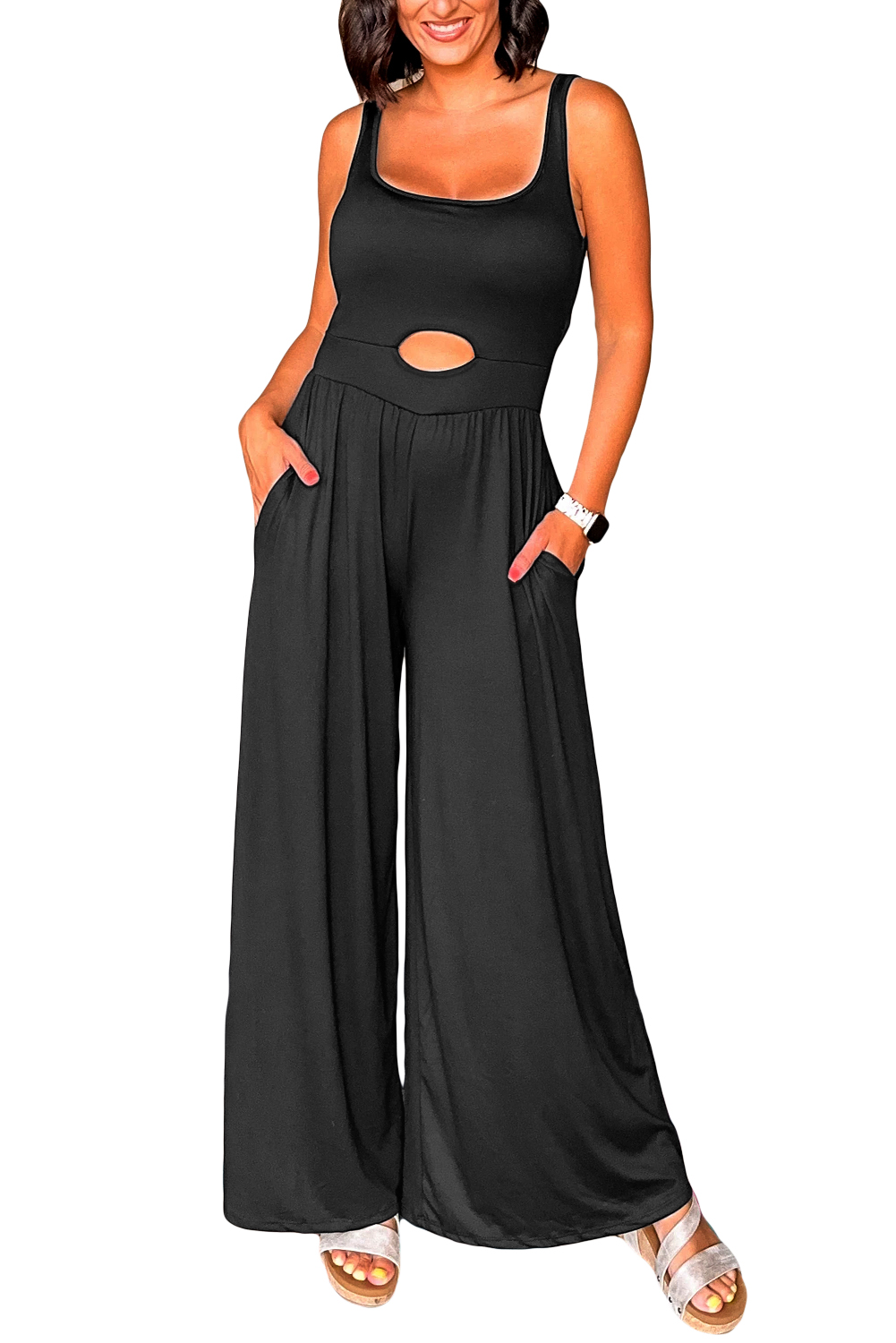 Black Peekaboo Wide Leg Square Neck Sleeveless Jumpsuit - loveforevers