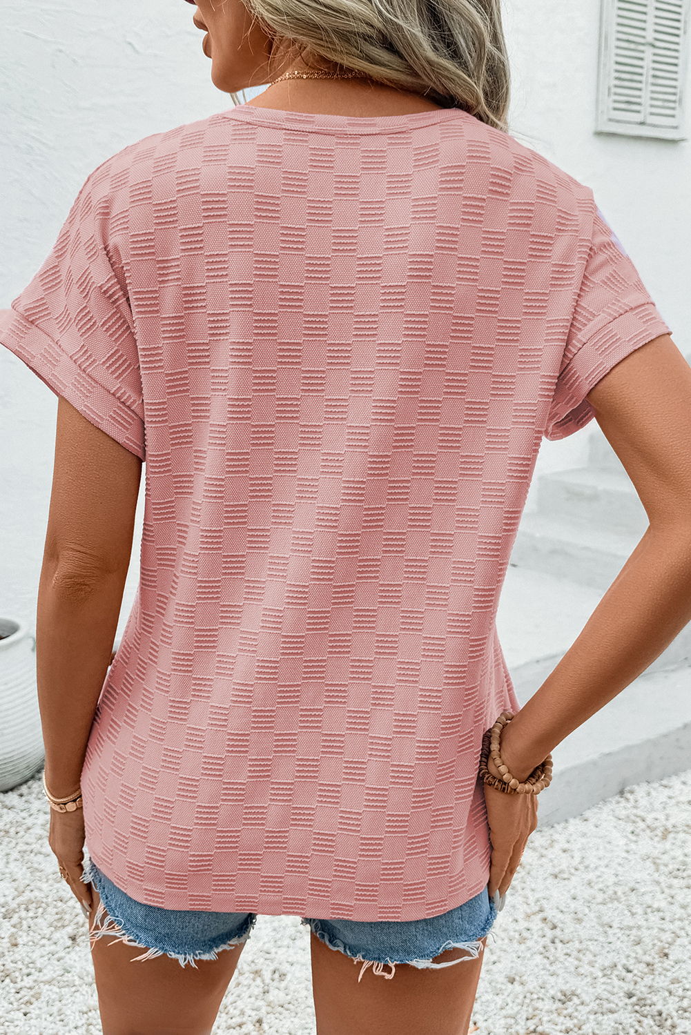 Apricot Pink Checkered Textured Round Neck T-shirt - loveforevers
