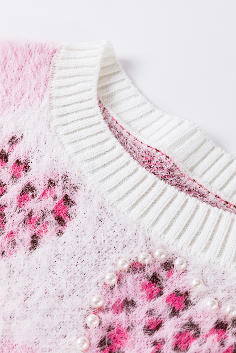 Pink Heart Leopard Print Pearled Ribbed Trim Fuzzy Sweater - loveforevers