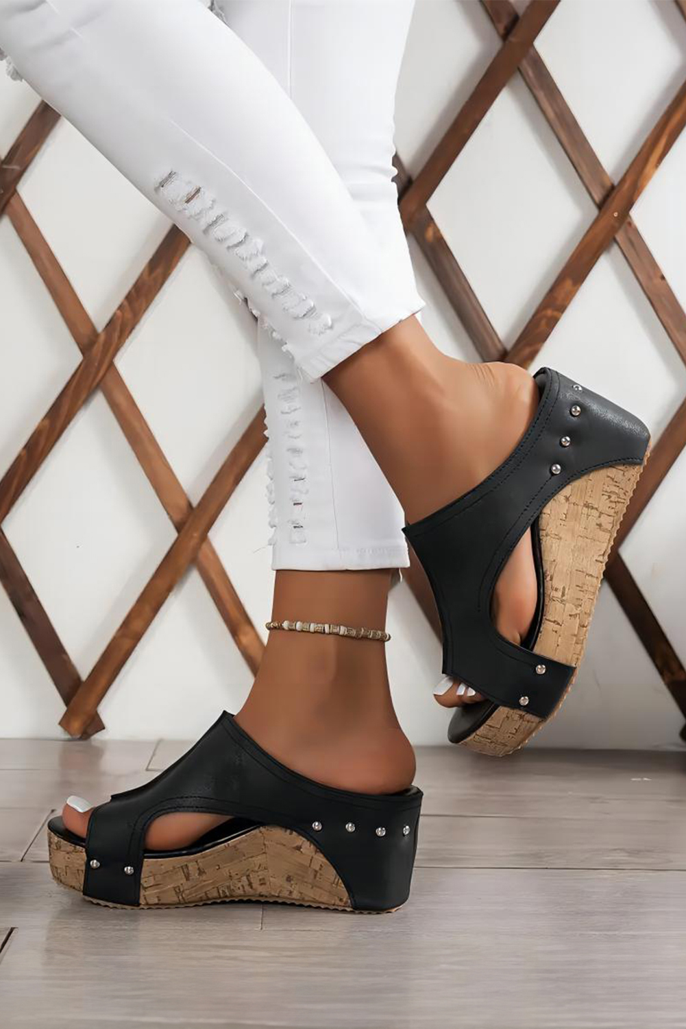 Chestnut Hollow Out Studded PU Leather Wedge Slippers - loveforevers
