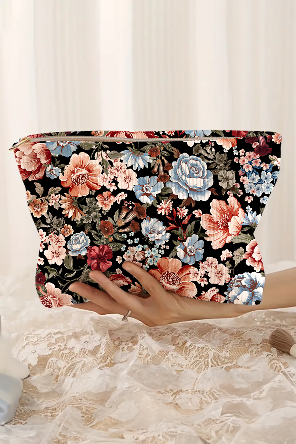 Black Flower Print Zipper Ribbed Corduroy Large Makeup Bag - loveforevers
