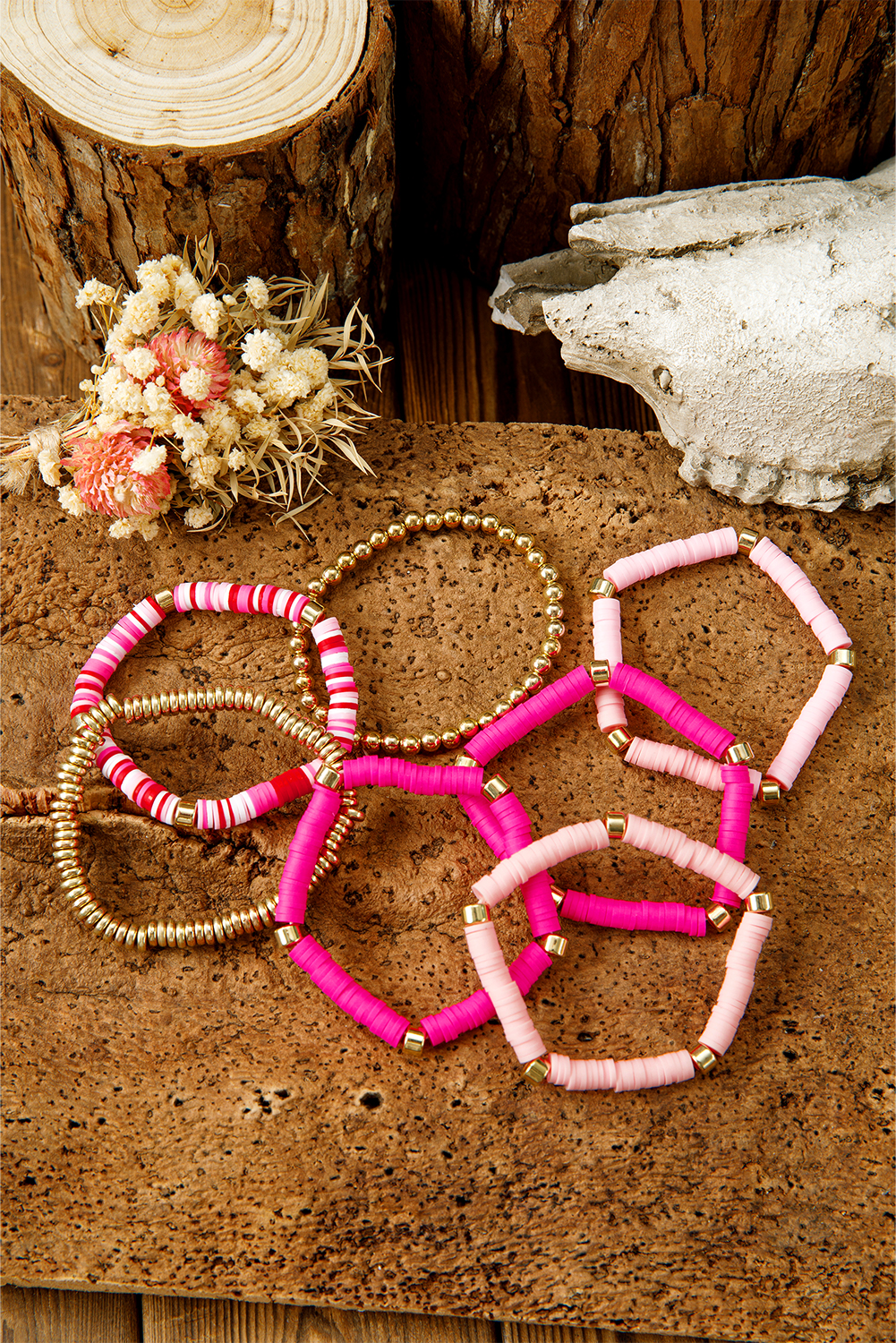 Bright Pink 7pcs Gold Plated Clay Beading Multi Layered Bracelet Set - loveforevers