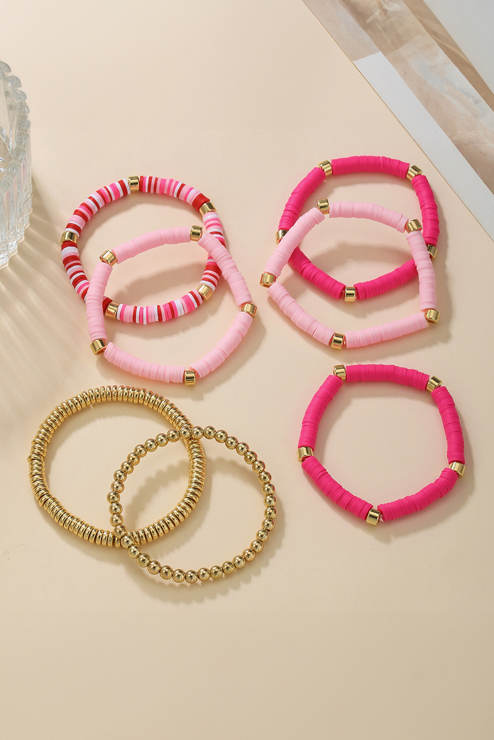 Bright Pink 7pcs Gold Plated Clay Beading Multi Layered Bracelet Set - loveforevers