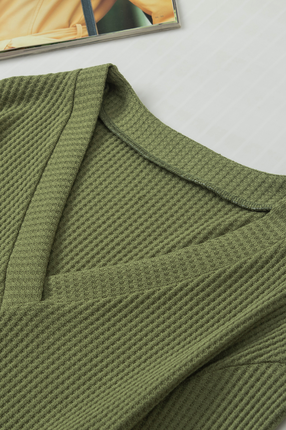 Jungle Green Textured Knit V Neck Button Cuffs Long Sleeve Top - loveforevers
