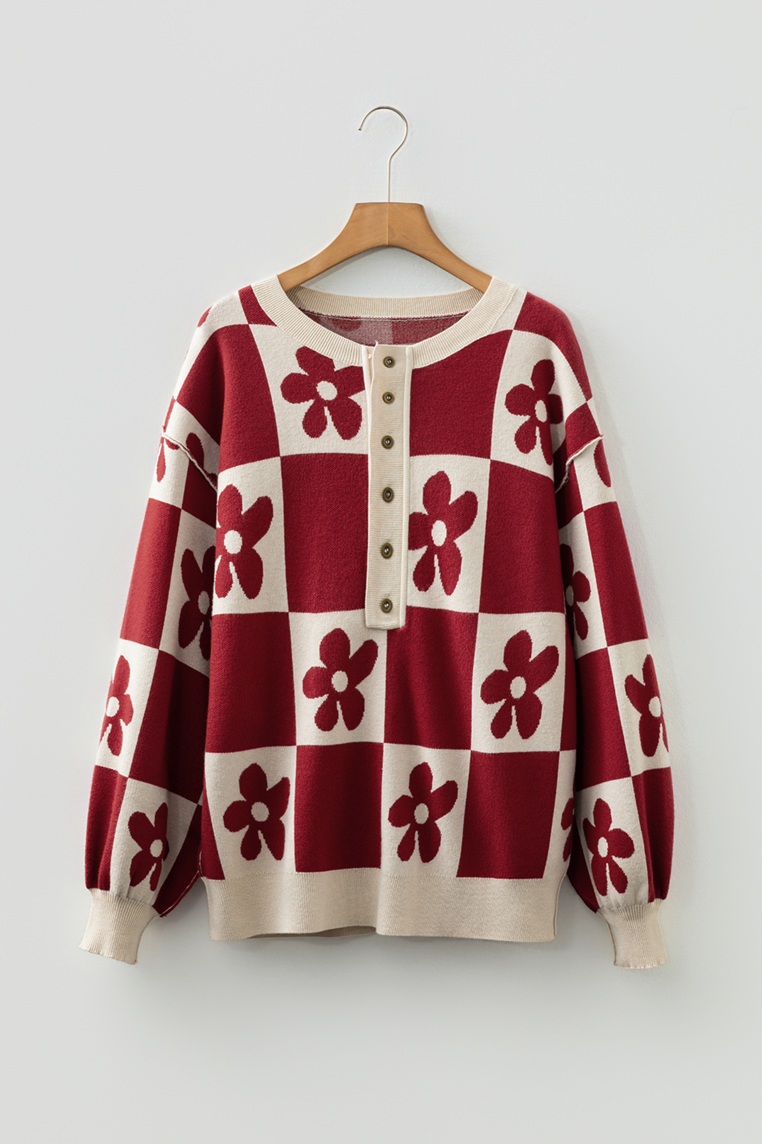 Black Flower Plaid Henley Baggy Sweater - loveforevers