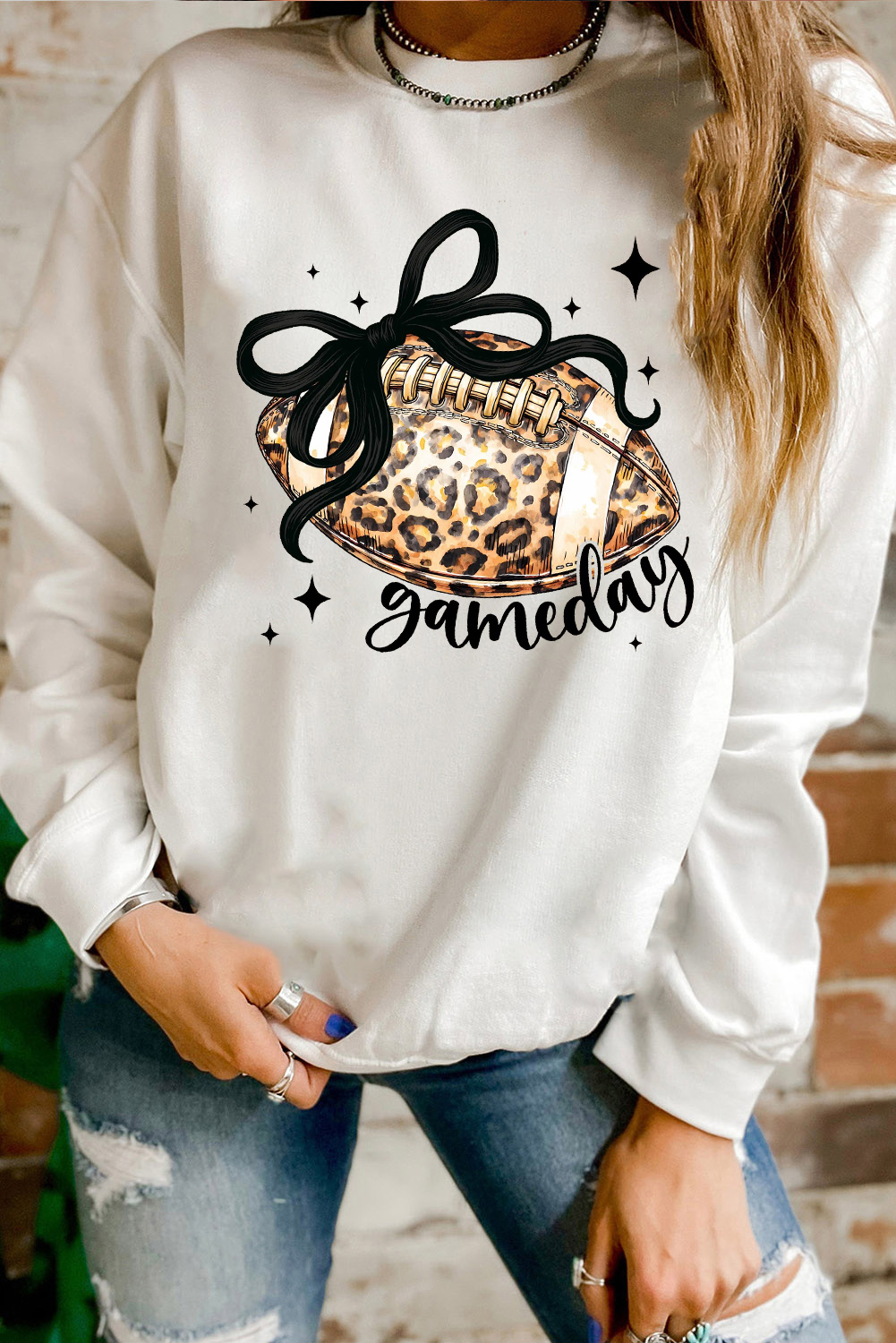 White Game Day Leopard Rugby Graphic Customized Crew Neck Sweatshirt - loveforevers