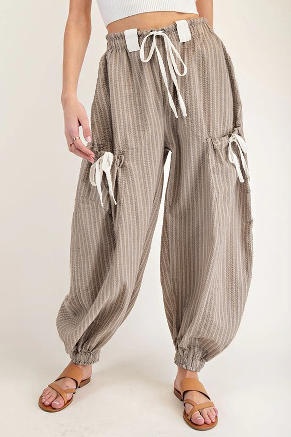 Brown Stripe Drawstring Cargo Jogger Pants with Pockets - loveforevers