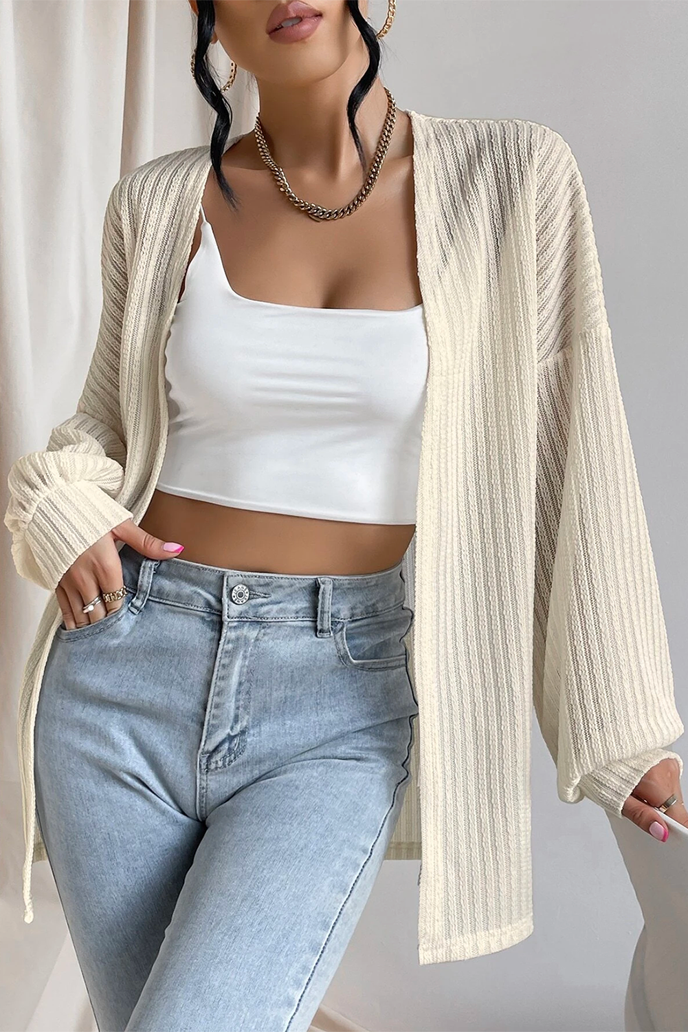Beige Textured Lantern Sleeve Open Kimono - loveforevers