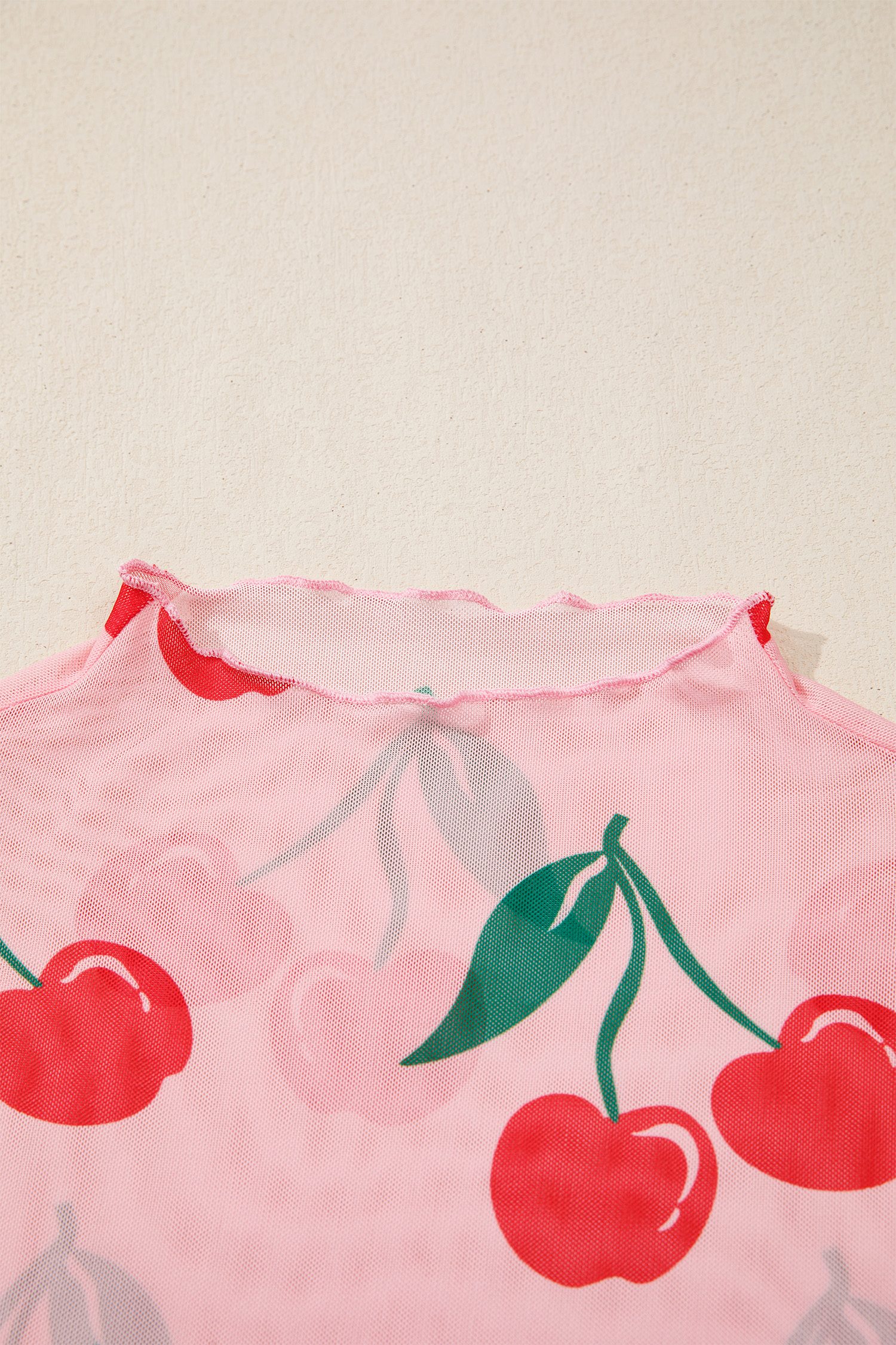 Pink Cherry Print Lettuce Trim Long Sleeve Mesh Top - loveforevers
